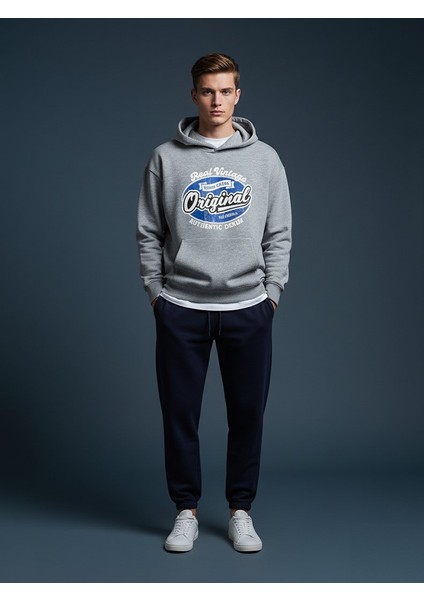 Uzun Kollu Kapüşonlu Slogan Baskılı Gri Sweatshırt