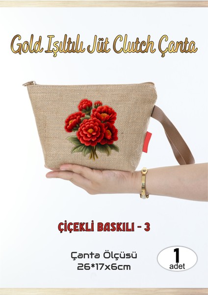 Gold Işıltılı Jüt Clutch Çanta Çiçek Baskılı-3 1 Adet
