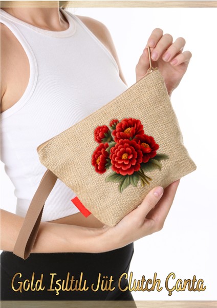 Gold Işıltılı Jüt Clutch Çanta Çiçek Baskılı-3 1 Adet fiyatları