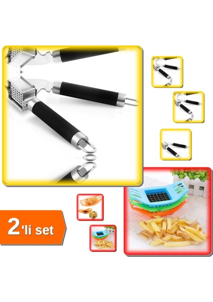 Patates Dilimleyici + Lüx Çelik Sarımsak Ezici - 2li Set DEF456