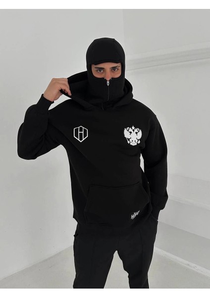 Samuray Ninja Çift Kapşonlu Zıp Fermuarlı Kanguru Çepli Tam Fermuarlı Hoodie Ön ve Arka Baskılı Maske Detaylı Swetshirt - Siyah
