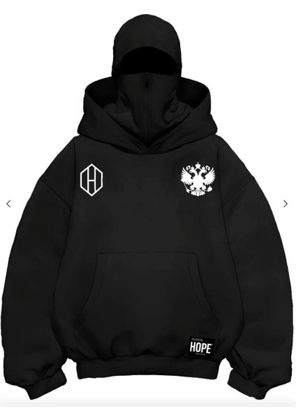Samuray Ninja Çift Kapşonlu Zıp Fermuarlı Kanguru Çepli Tam Fermuarlı Hoodie Ön ve Arka Baskılı Maske Detaylı Swetshirt - Siyah modelleri