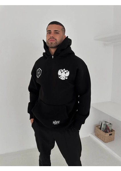 Samuray Ninja Çift Kapşonlu Zıp Fermuarlı Kanguru Çepli Tam Fermuarlı Hoodie Ön ve Arka Baskılı Maske Detaylı Swetshirt - Siyah fırsatları