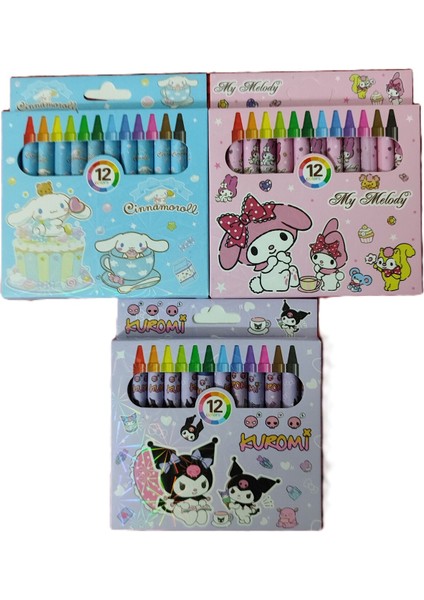 Kuromi, Cinnamaroll ve My Melody Figürlü 12 Li Pastel Boya Kalemi Toplam 3 Paket
