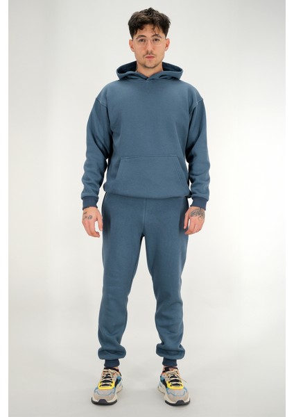 Erkek Petrol Mavisi Eşofman Takımı Rahat Kesim 3 Iplik Şardonlu Kapüşonlu Ipli Ribana Bel