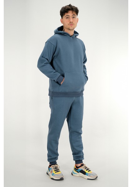 Erkek Petrol Mavisi Eşofman Takımı Rahat Kesim 3 Iplik Şardonlu Kapüşonlu Ipli Ribana Bel indirimleri