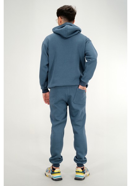 Erkek Petrol Mavisi Eşofman Takımı Rahat Kesim 3 Iplik Şardonlu Kapüşonlu Ipli Ribana Bel