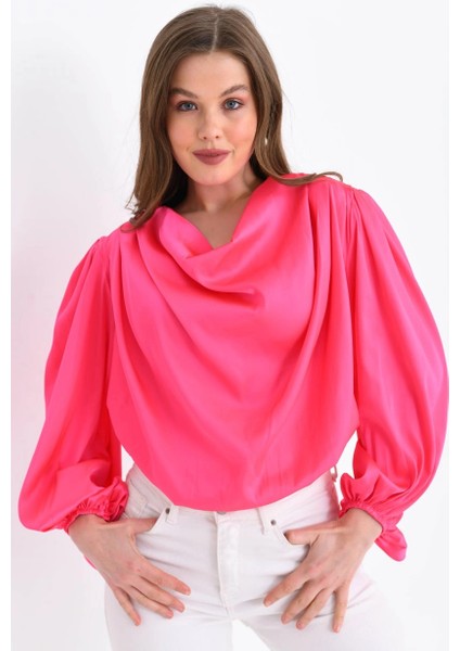 Kadın Gömlek Degaje Yaka Dökümlü Saten Gömlek Kadın Gömlek Fuşya - 33026