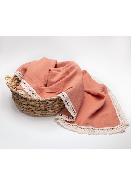 Dantelli Müslin Battaniye Çift Kat - Kiremit (Hava Geçiren, Bebekler Için Güvenli) %100 Pamuk