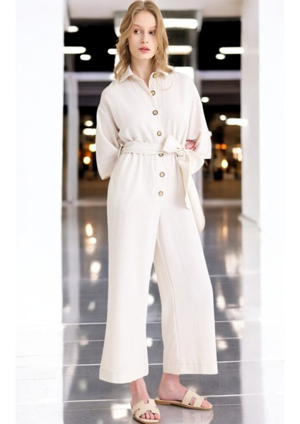 Yazlık Rahat Gömlek Yaka Keten Tulum