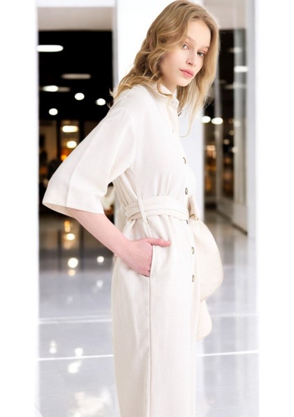 Yazlık Rahat Gömlek Yaka Keten Tulum