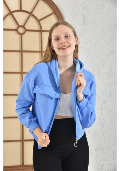 Kadın Ceket Çift Cepli Bel Boy Fermuarlı Şardonlu Ceket Bebe Mavi - D005