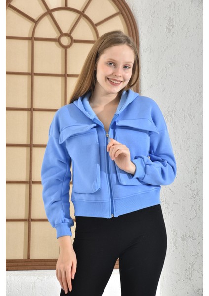 Kadın Ceket Çift Cepli Bel Boy Fermuarlı Şardonlu Ceket Bebe Mavi - D005 fiyatları