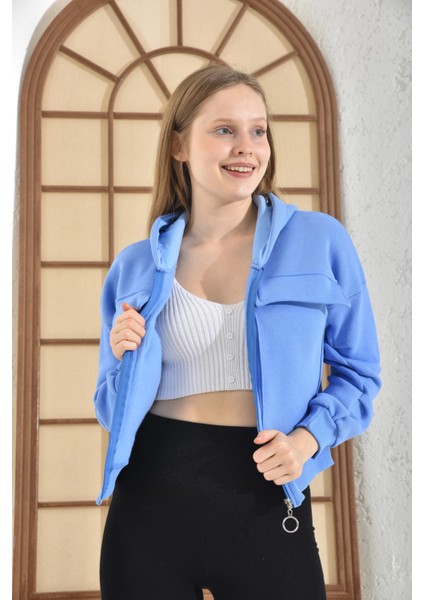 Kadın Ceket Çift Cepli Bel Boy Fermuarlı Şardonlu Ceket Bebe Mavi - D005 modelleri