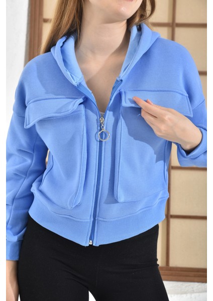 Kadın Ceket Çift Cepli Bel Boy Fermuarlı Şardonlu Ceket Bebe Mavi - D005 fırsatları