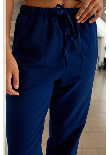 Yazlık Beli Bağcık Detaylı Keten Pantolon