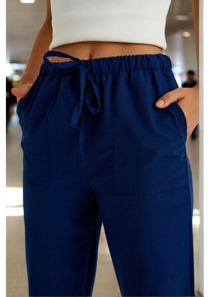 Yazlık Beli Bağcık Detaylı Keten Pantolon