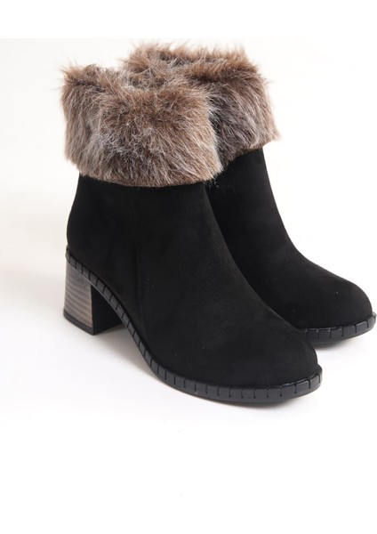 Inka Fermuarlı Ortopedik Taban Suya ve Soğuğa Dayanıklı Tüylü Topuklu Süet Kadın Bot St Siyah