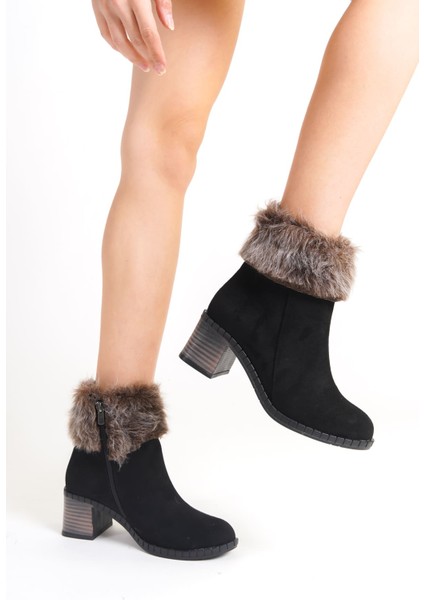 Inka Fermuarlı Ortopedik Taban Suya ve Soğuğa Dayanıklı Tüylü Topuklu Süet Kadın Bot St Siyah indirimleri