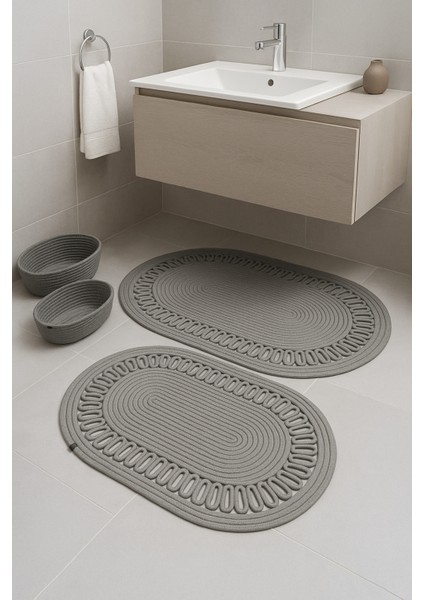 Terra 4’lü Banyo Seti – 2’li Oval Paspas & 2’li Oval Sepet, Doğal Halat Dokuma, El Yapımı - Premium