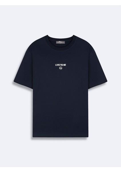 Kısa Kollu Slogan Baskılı Regular Lacivert T-Shırt
