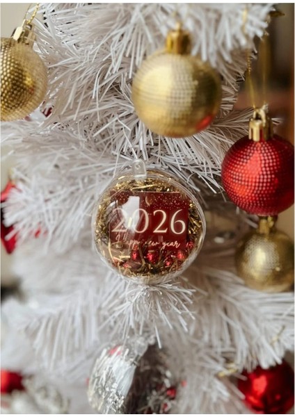 Gold-Kırmızı "2026 Happy New Year" Yazılı Boncuklu Süslü Şeffaf Yılbaşı Çam Ağacı Süsü - Topu