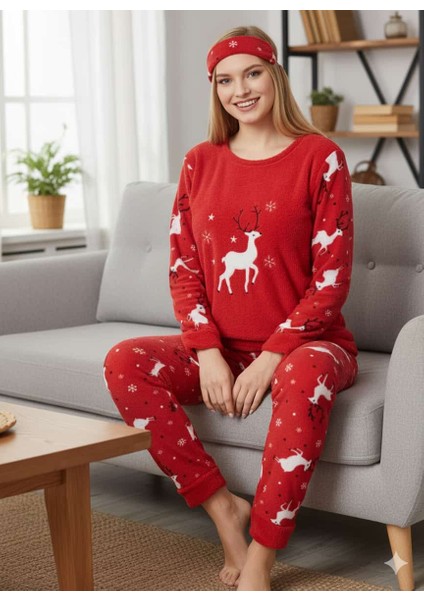 Kadın Kırmızı Göz Bantlı Polar Pijama Takımı - Yılbaşı Temalı