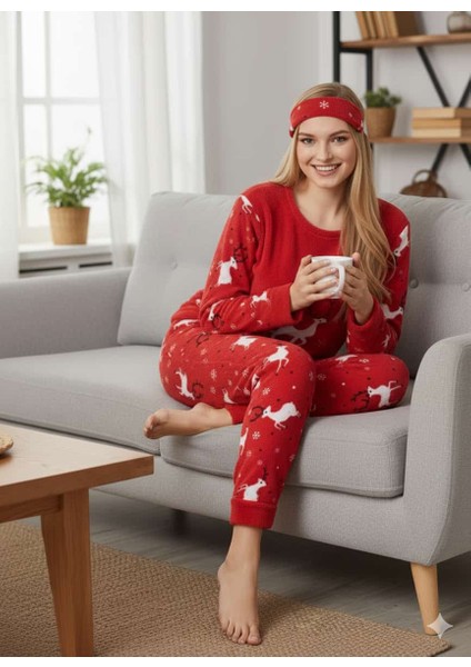Kadın Kırmızı Göz Bantlı Polar Pijama Takımı - Yılbaşı Temalı fiyatları