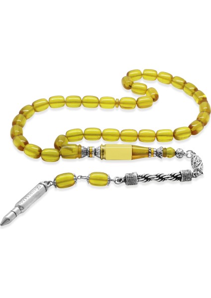 Kararmaz Metal Halat Püsküllü Kurşun Nakkaş Imameli Kapsül Kesim Sarı Ateş Kehribar Tesbih