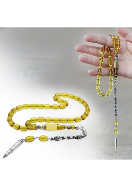 Kararmaz Metal Halat Püsküllü Kurşun Nakkaş Imameli Kapsül Kesim Sarı Ateş Kehribar Tesbih fiyatları