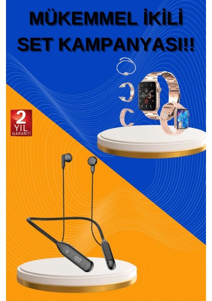 Kablolu Bluetooth Kulaklık ve Kadınlara Özel Bileklik Hediyeli Yeni Nesil Akıllı Saat 3 Kordonlu