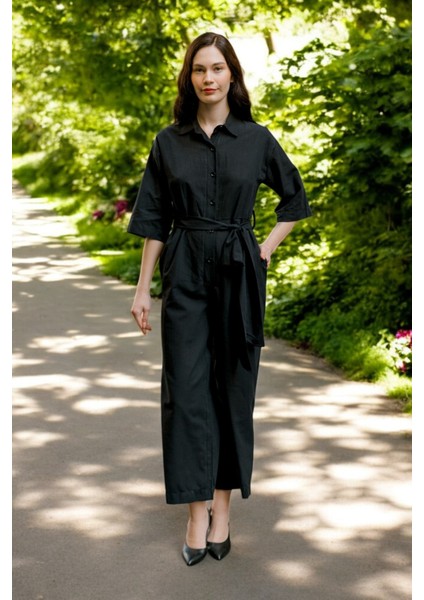 Yazlık Gömlek Yaka Keten Tulum