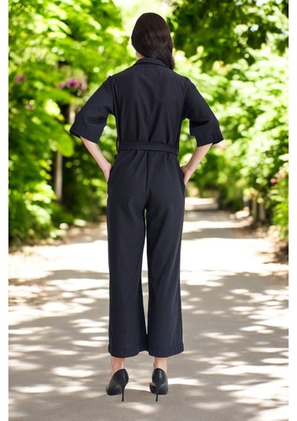 Yazlık Gömlek Yaka Keten Tulum