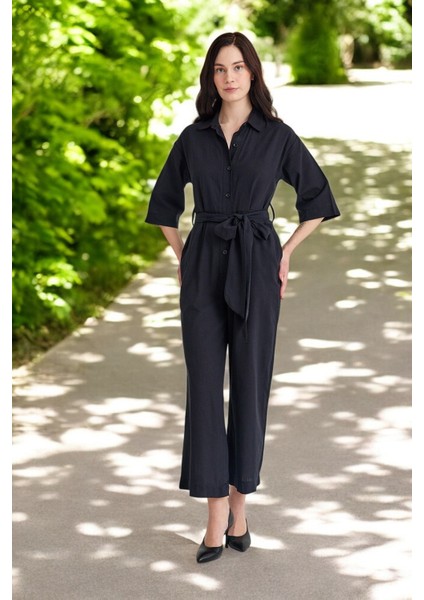 Yazlık Gömlek Yaka Keten Tulum