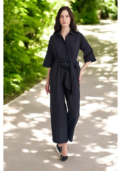 Yazlık Gömlek Yaka Keten Tulum