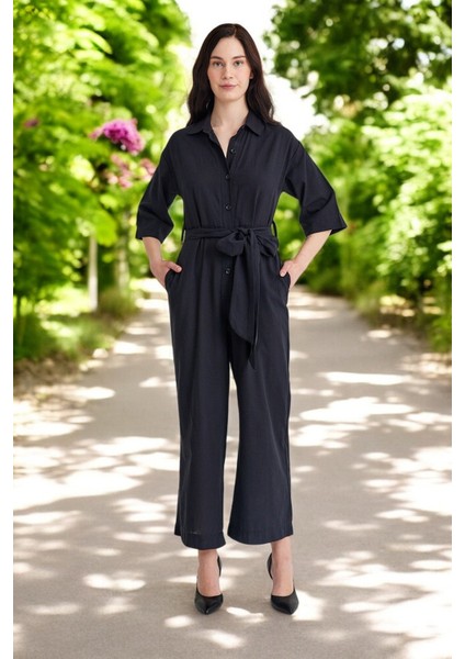 Yazlık Gömlek Yaka Keten Tulum