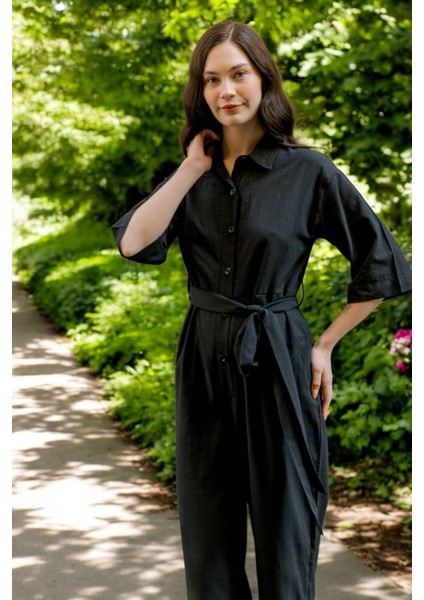 Yazlık Gömlek Yaka Keten Tulum