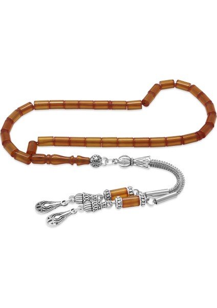 Ateş Kehribar Tesbih - Kararmaz Metal Damla Püsküllü - Bal Rengi - Mini Boy - Kesme Kesim