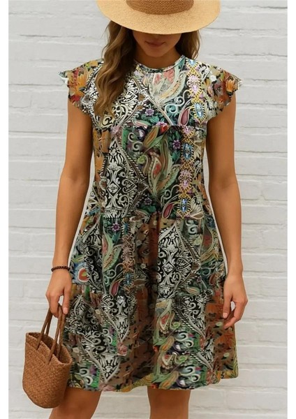 Kadın Kısa Kollu Kolları Fırfırlı Bisiklet Yakalı Kare Desenli Elbise