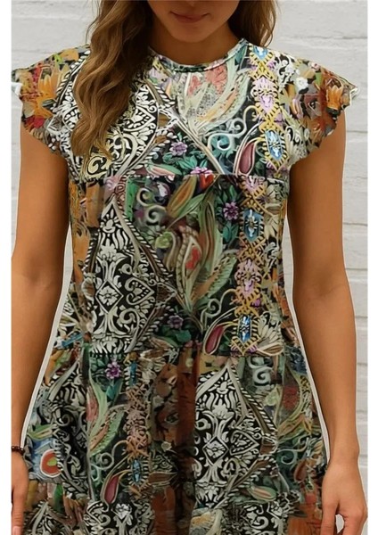 Kadın Kısa Kollu Kolları Fırfırlı Bisiklet Yakalı Kare Desenli Elbise fiyatları