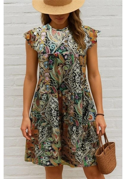 Kadın Kısa Kollu Kolları Fırfırlı Bisiklet Yakalı Kare Desenli Elbise modelleri