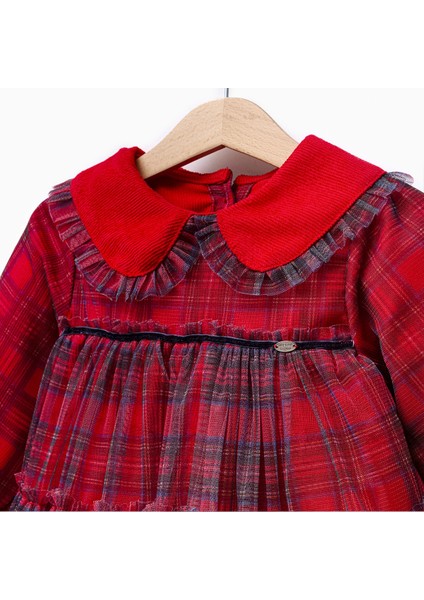 Kırmızı Kadife Yakalı Tüllü Elbise indirimleri