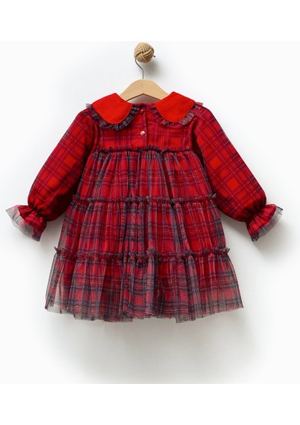 Kırmızı Kadife Yakalı Tüllü Elbise