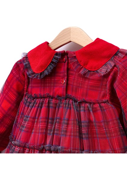 Kırmızı Kadife Yakalı Tüllü Elbise