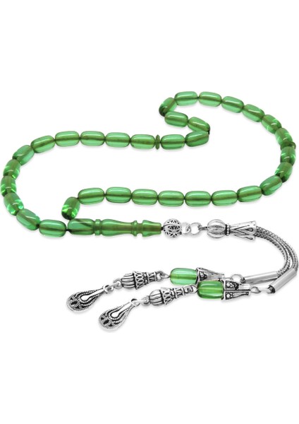 Ateş Kehribar Tesbih - Kararmaz Metal Damla Püsküllü - Yeşil Renk - Mini Boy - Kapsül Kesim