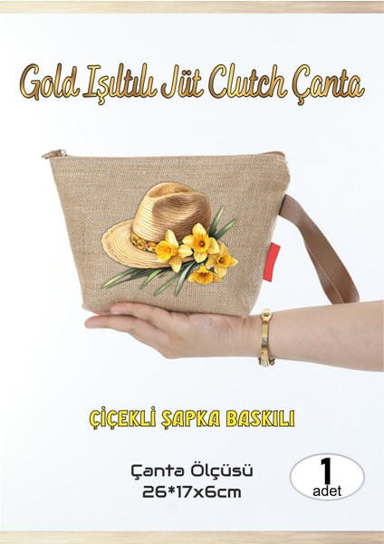 Gold Işıltılı Jüt Clutch Çanta Çiçekli Şapka 1 Adet