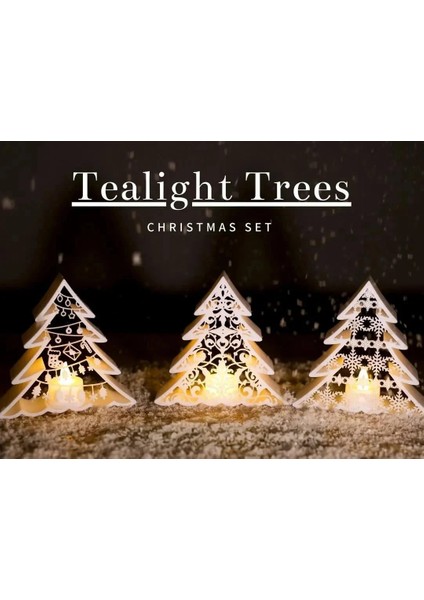 Tealight Trees – 3’lü Yılbaşı Mumluk Seti | Işıklı Noel Çam Ağacı Dekoru (Mumlar Dahil)