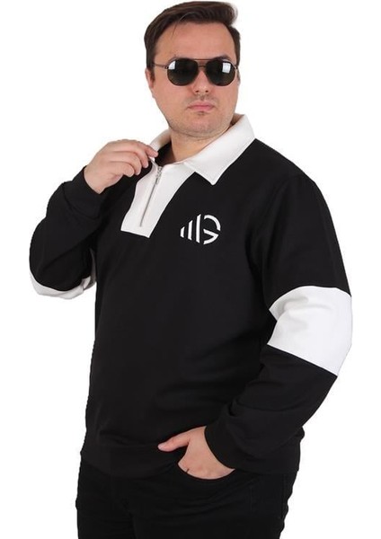 Büyük Beden Polo Yaka Fermuarlı Sweat Double Face 25709 Sıyah