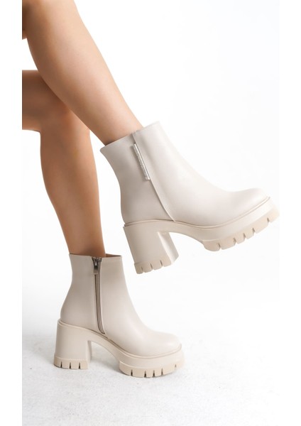 Natalıa Fermuarlı Ortopedik Taban Suya ve Soğuğa Dayanıklı Kalın Topuklu Cilt Kadın Bot Kt Krem modelleri