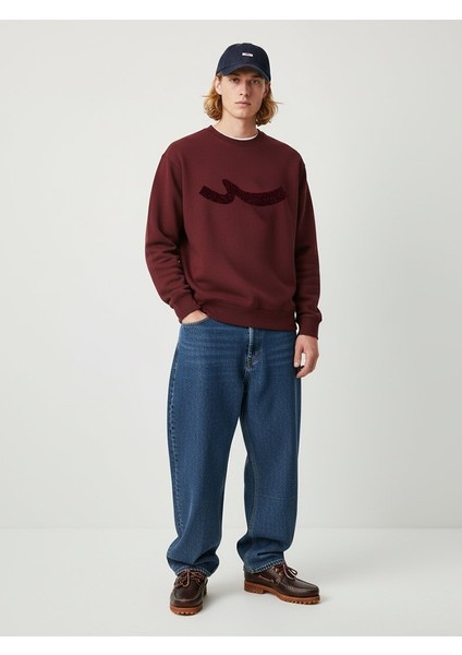 Uzun Kollu Sıfır Yaka Sign Baskılı Kırmızı Sweatshırt